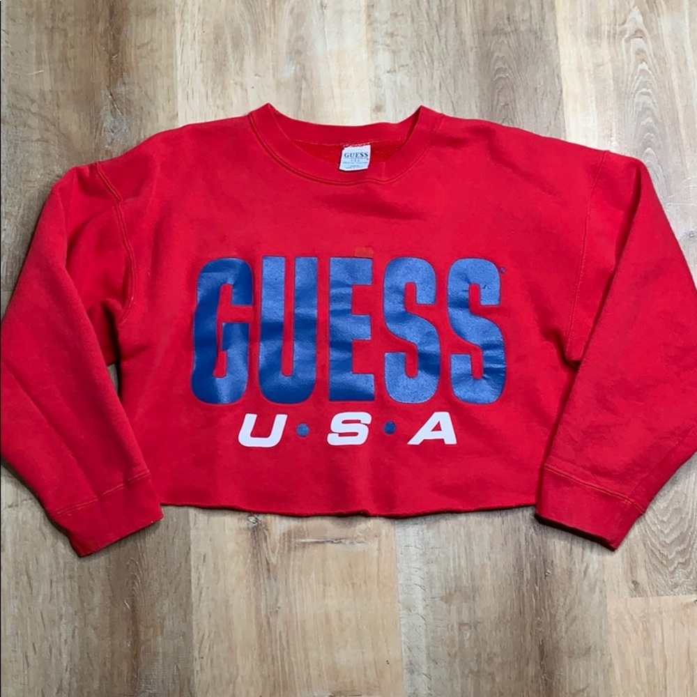 VINTAGE GUESS Spellout Cropped CrewNeck Red